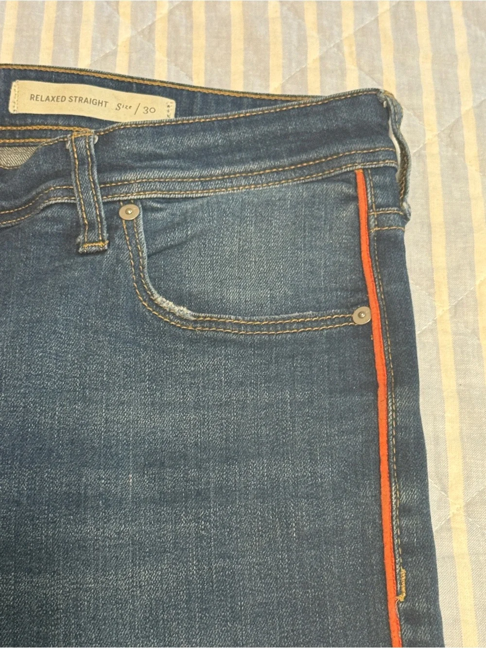 Pilcro and the Letterpress Mid-Blue Jeans with Orange Side Stripe